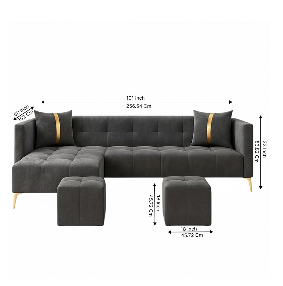 Zyora L Shape 6 Seater Fabric Sofa Set with 2 Puffy | Modern Luxury Corner Sofa for Living Room