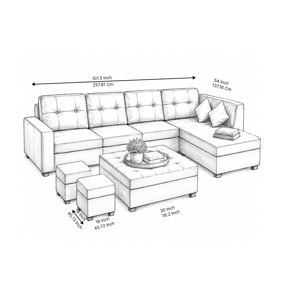 Austin 8 Seater L Shape Leatherette Sofa Set with Ottoman & Puffy – Luxury Modern Living Room Sofa