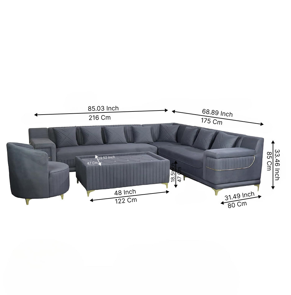 Monarch Luxury L Shape Velvet 8 seater Sofa Set with Ottoman & Accent Chair – Modern Sectional Living Room Sofa