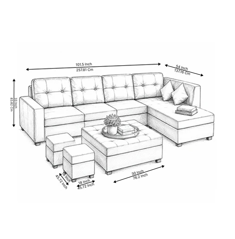 Austin 8 Seater L Shape Leatherette Sofa Set with Ottoman & Puffy – Luxury Modern Living Room Sofa