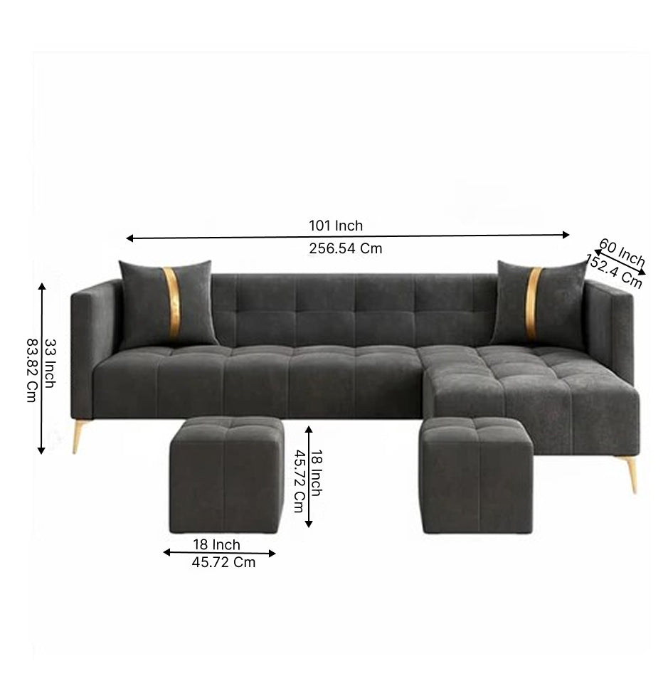 Zyora L Shape 6 Seater Fabric Sofa Set with 2 Puffy | Modern Luxury Corner Sofa for Living Room