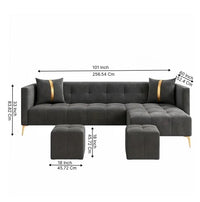 Zyora L Shape 6 Seater Fabric Sofa Set with 2 Puffy | Modern Luxury Corner Sofa for Living Room