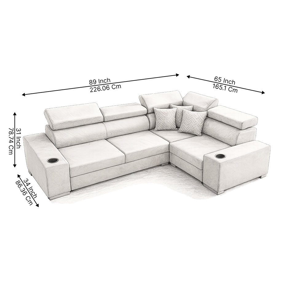 Sienna 5 Seater L Shape Fabric Sofa with Adjustable Headrests & Cup Holders | Modern Corner Sofa for Living Room
