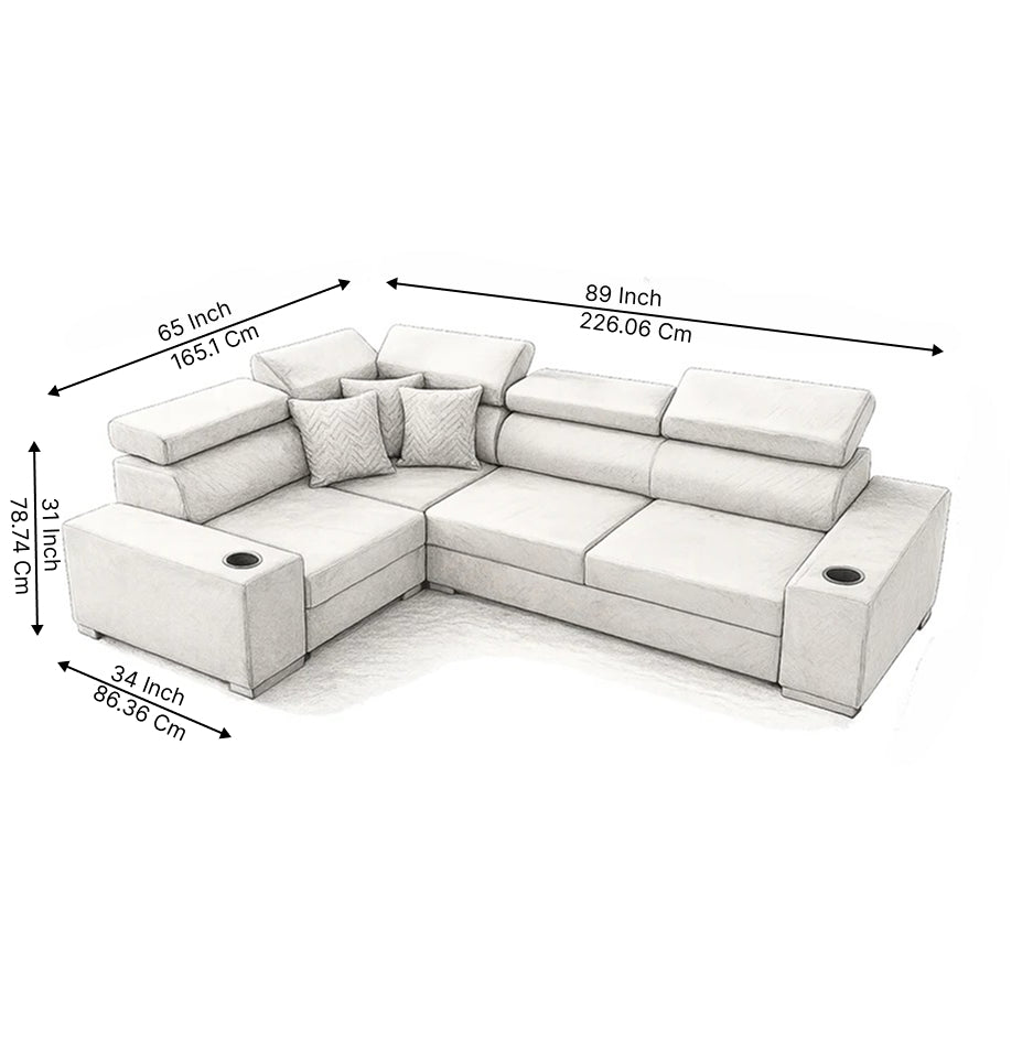 Sienna 5 Seater L Shape Fabric Sofa with Adjustable Headrests & Cup Holders | Modern Corner Sofa for Living Room
