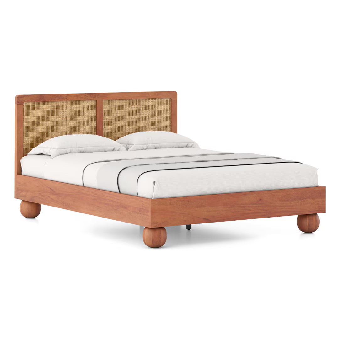 Japanese Style Queen Size Wooden Bed with Cane Backrest
