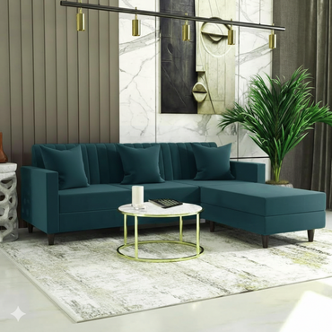 Sovana 4 Seater L-Shape Sofa with Ottoman – Modern Fabric Sectional for Living Room