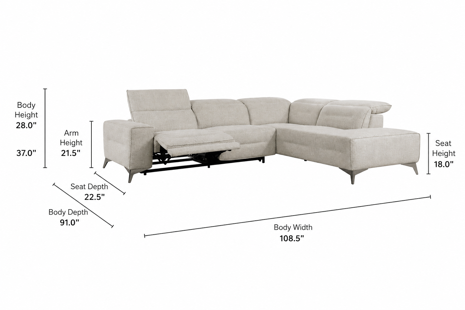 Gray sectional sofa with dimensions labeled on a white background