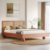 Japanese Style Queen Size Wooden Bed with Cane Backrest