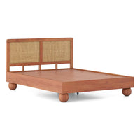 Japanese Style Queen Size Wooden Bed with Cane Backrest