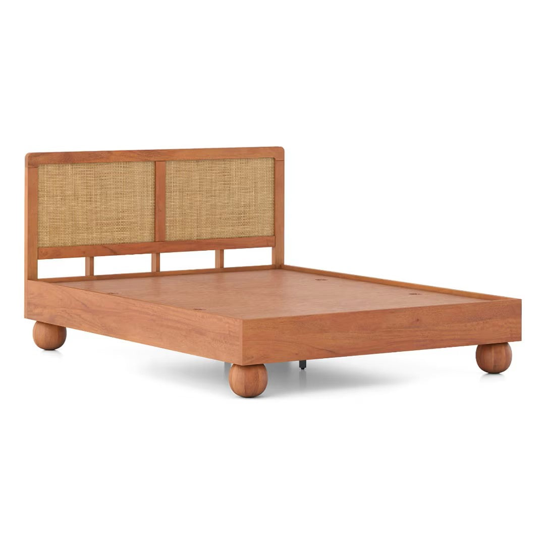 Japanese Style King Size Wooden Bed with Cane Backrest