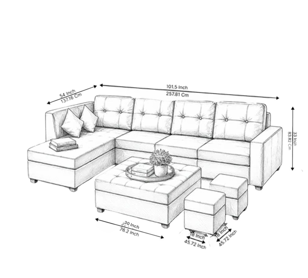 Austin 8 Seater L Shape Leatherette Sofa Set with Ottoman & Puffy – Luxury Modern Living Room Sofa