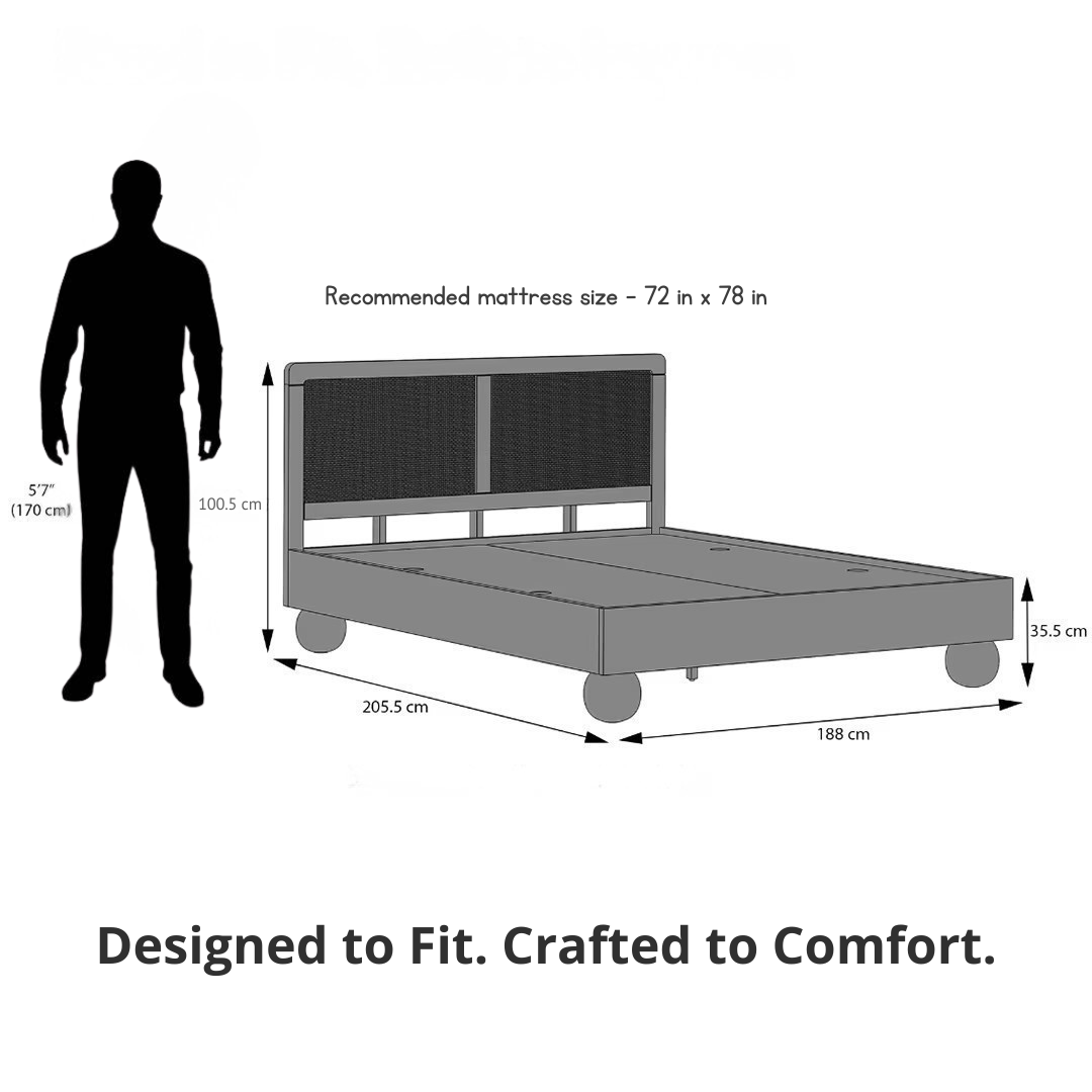 Japanese Style King Size Wooden Bed with Cane Backrest