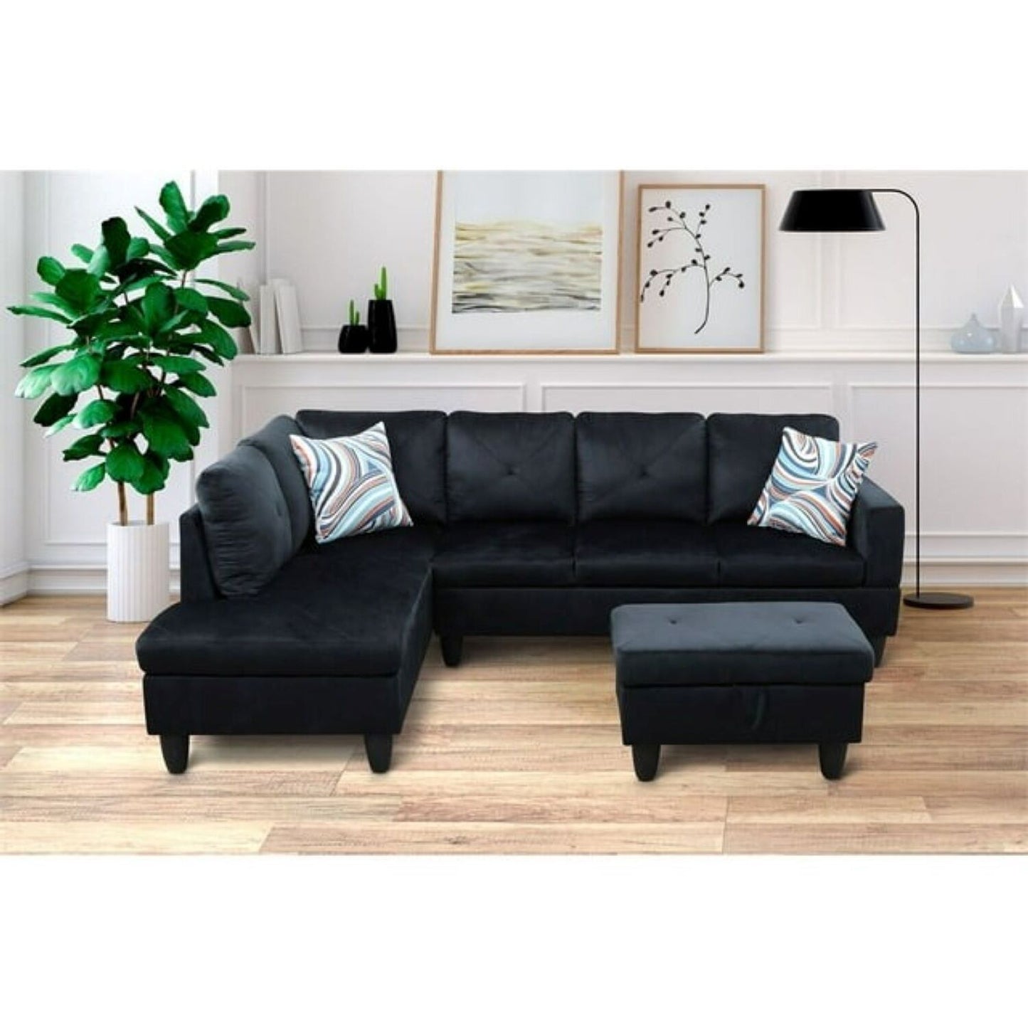 Christen 5 Seater L Shape Fabric Sofa Set with Storage Ottoman