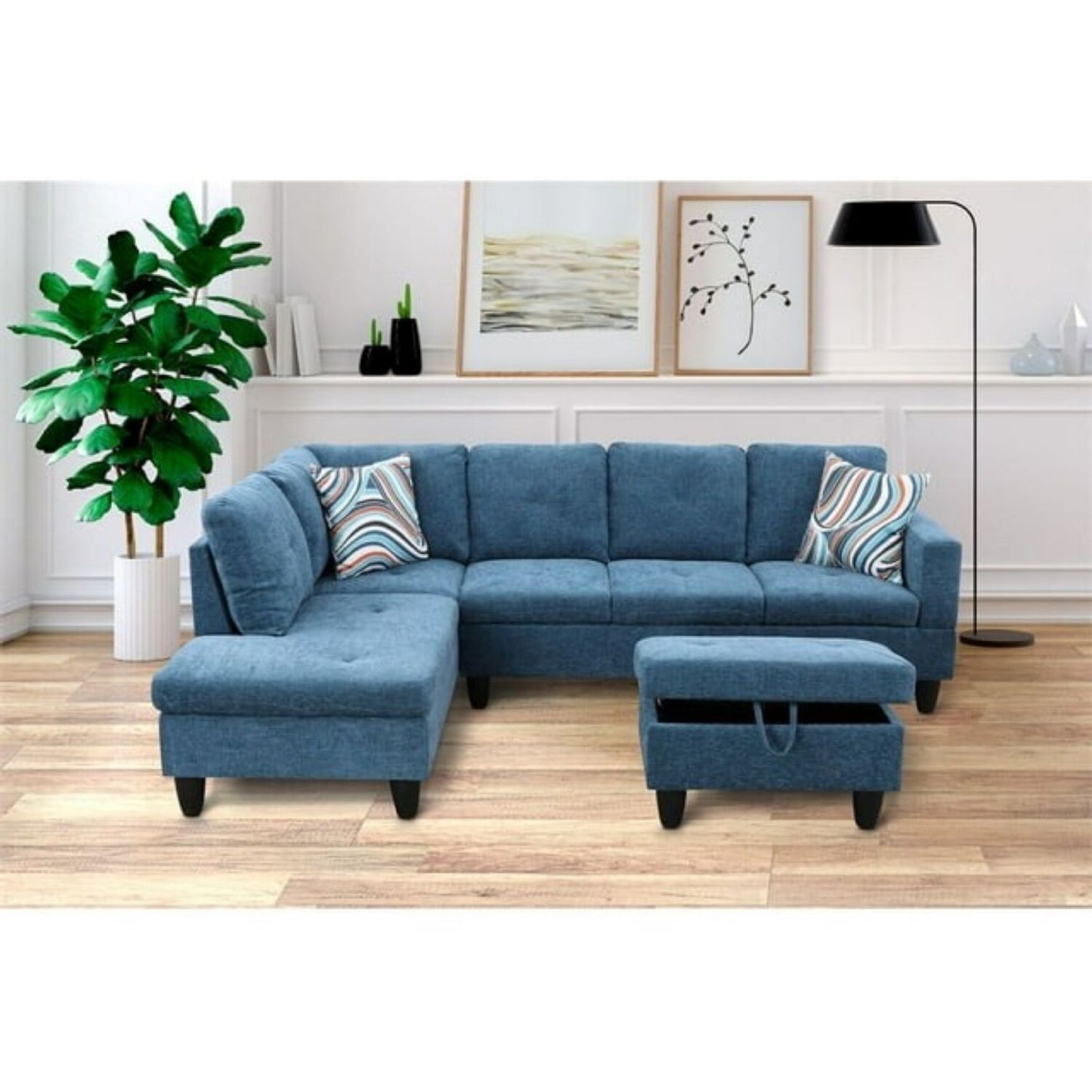 Christen 5 Seater L Shape Fabric Sofa Set with Storage Ottoman