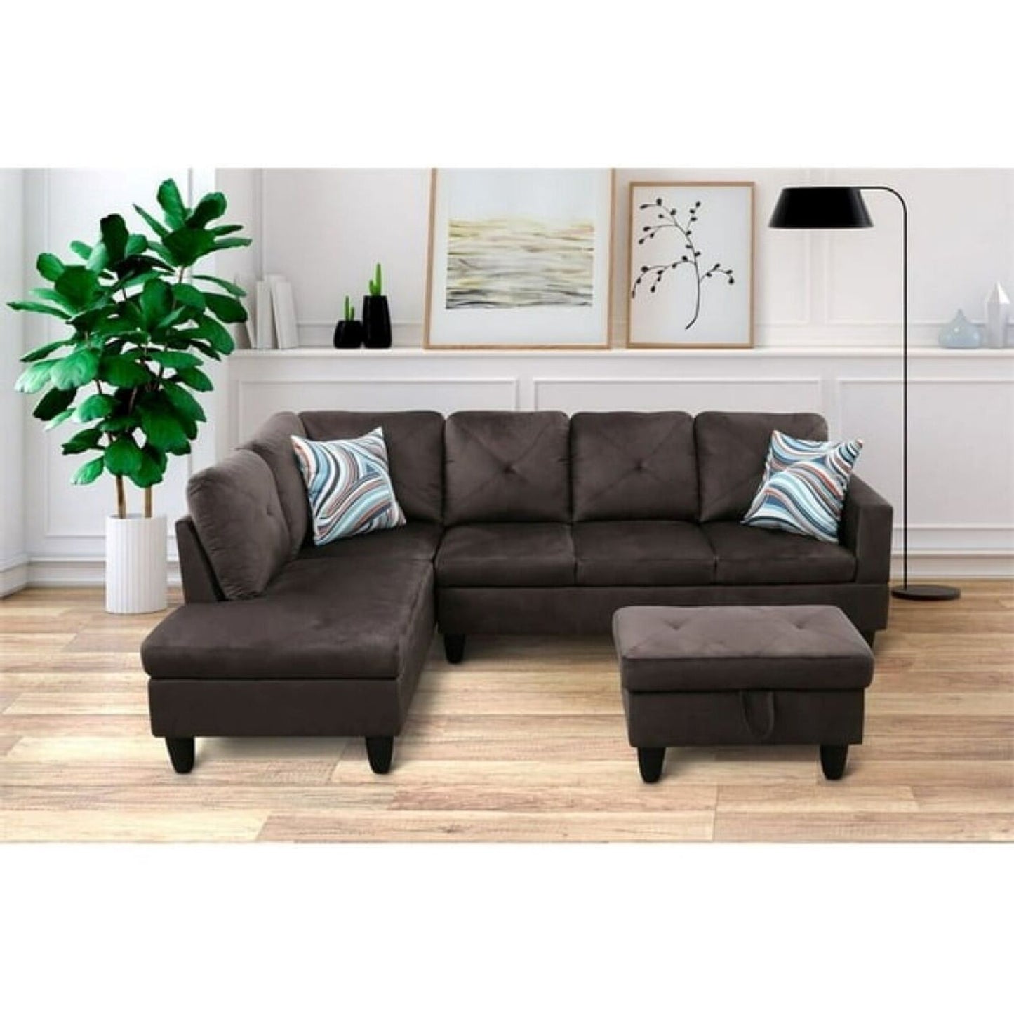 Christen 5 Seater L Shape Fabric Sofa Set with Storage Ottoman