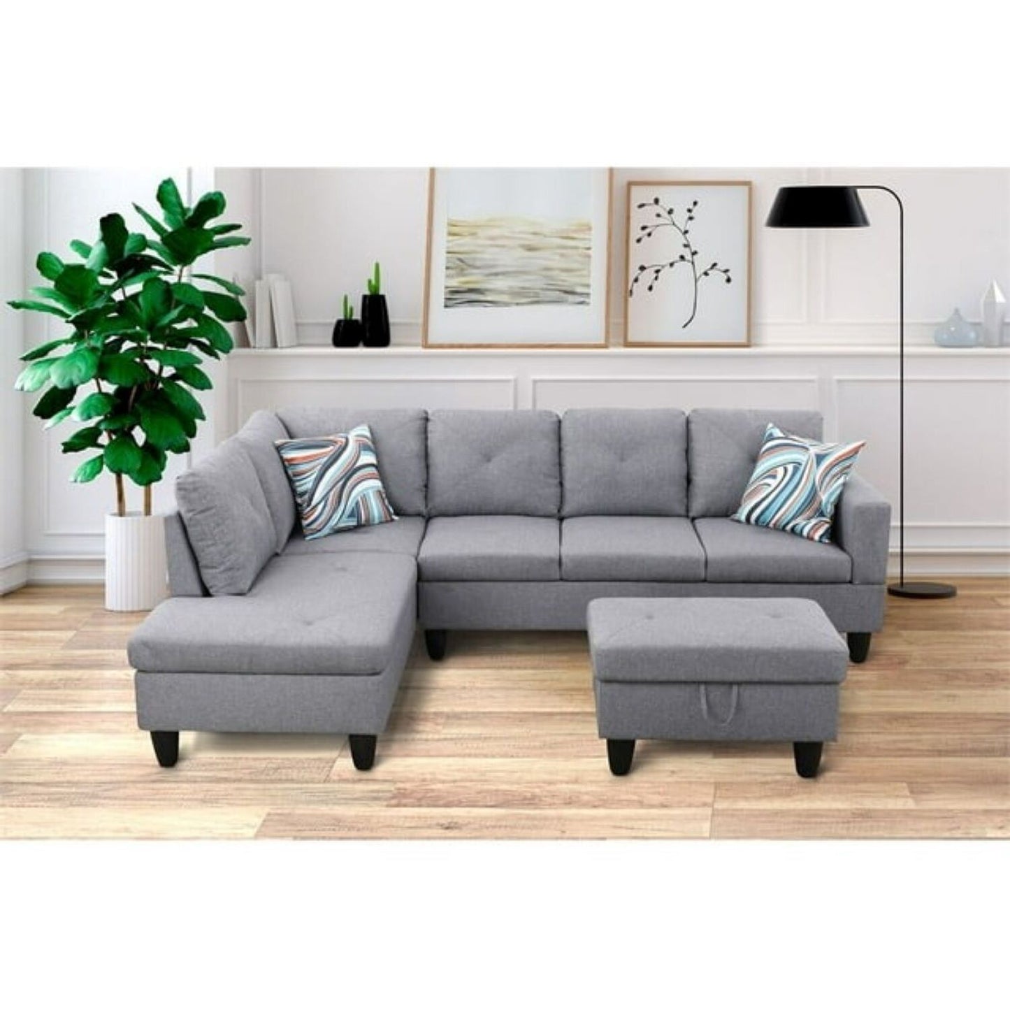 Christen 5 Seater L Shape Fabric Sofa Set with Storage Ottoman