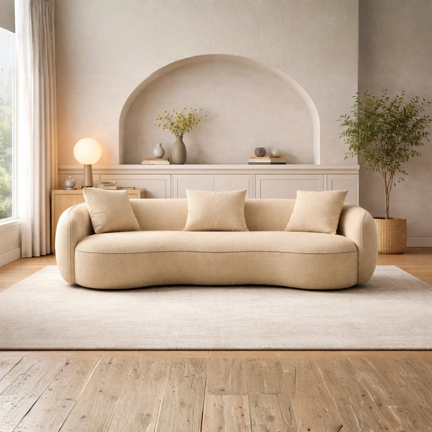 Luxury Curved Sofa 3 Seater – Modern Boucle Fabric Couch with Sculptural Design & Premium Finish