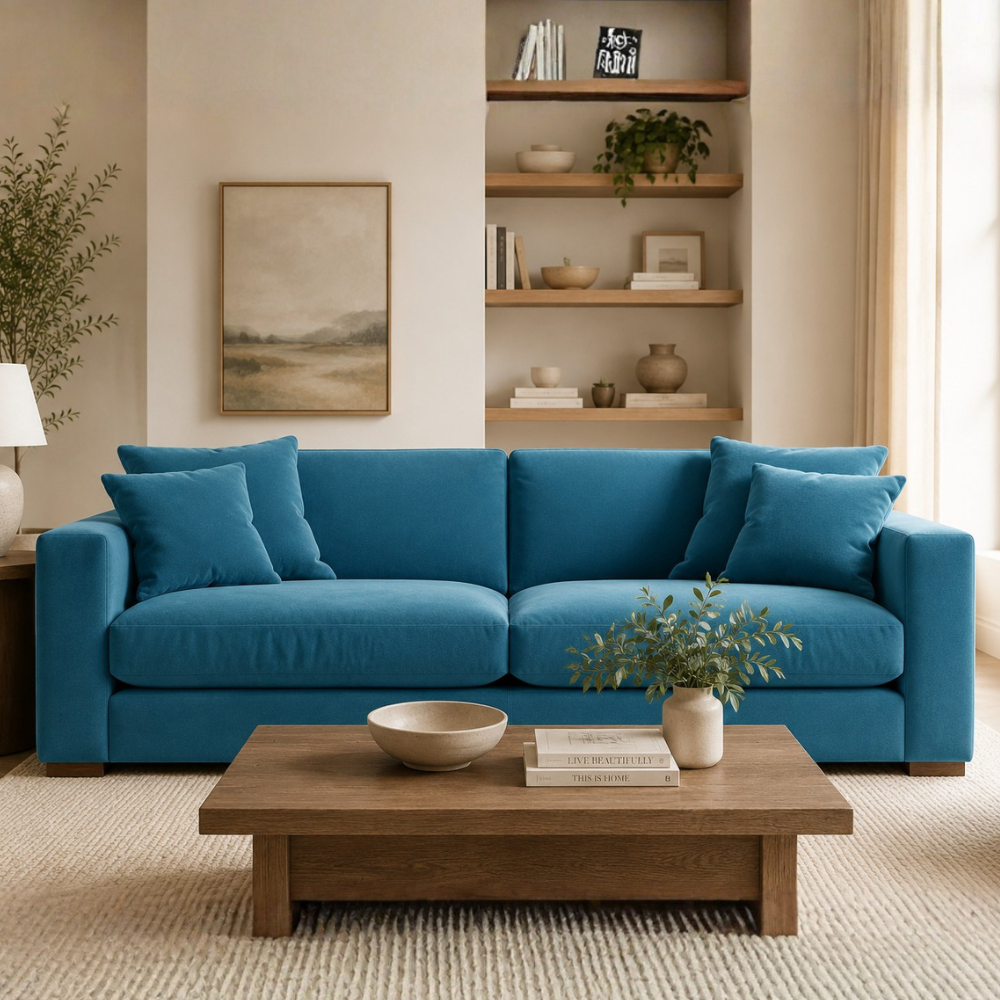 Zen Modern 3-Seater Sofa – Premium Blue Fabric Couch for Living Room