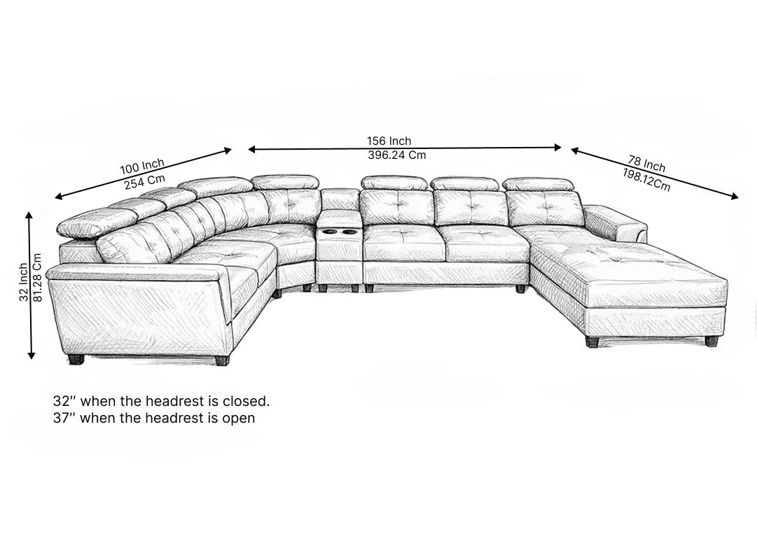 Arnold 8 Seater Sofa with Lounger and Cup Holder Beige | Corner Sofa Couch with Moveable Headrest | U Shape Sectional Sofa Set Living Room Office Home