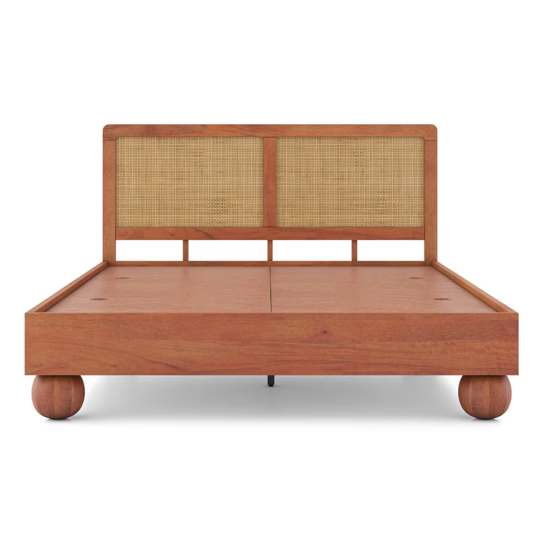 Japanese Style Queen Size Wooden Bed with Cane Backrest