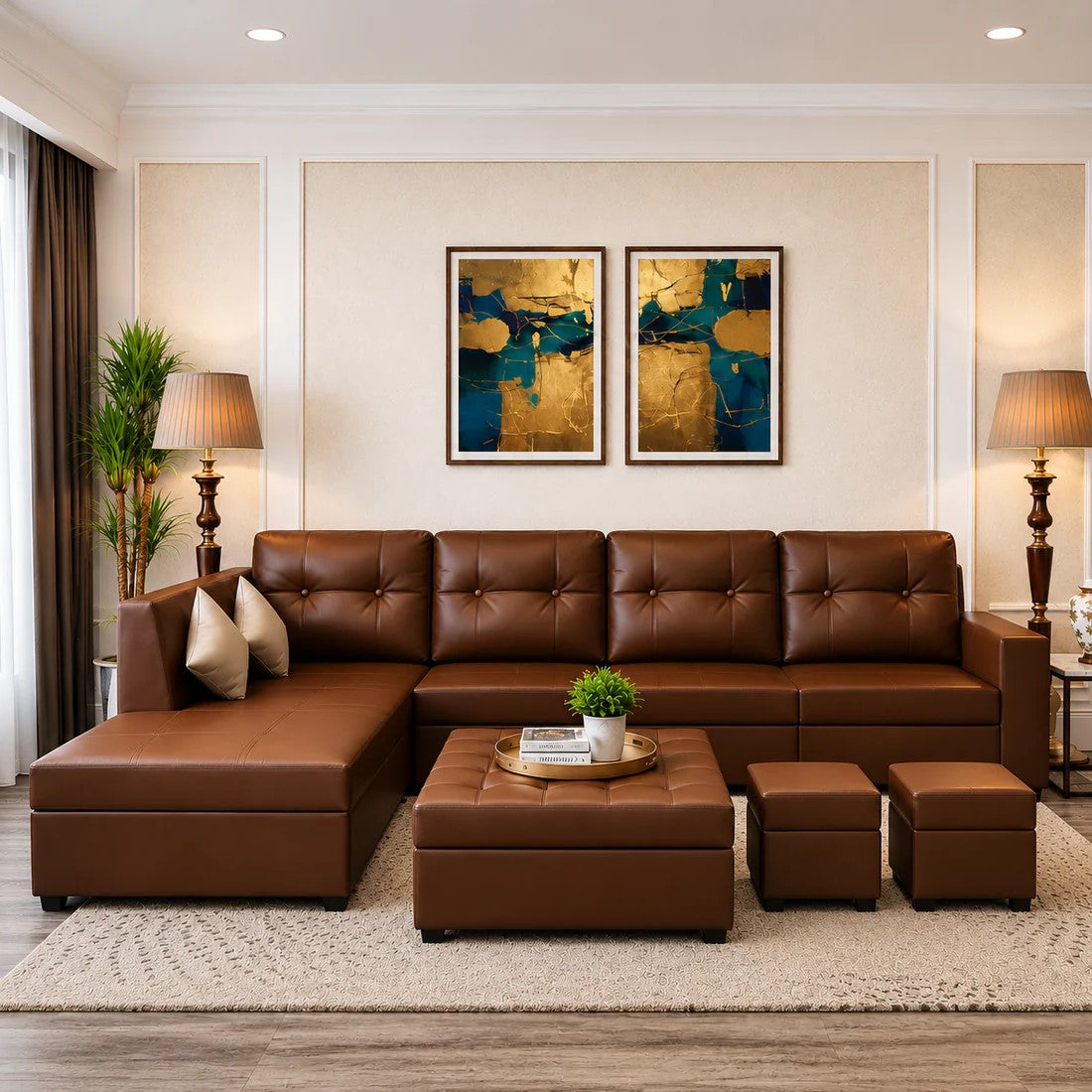 Austin 8 Seater L Shape Leatherette Sofa Set with Ottoman & Puffy – Luxury Modern Living Room Sofa