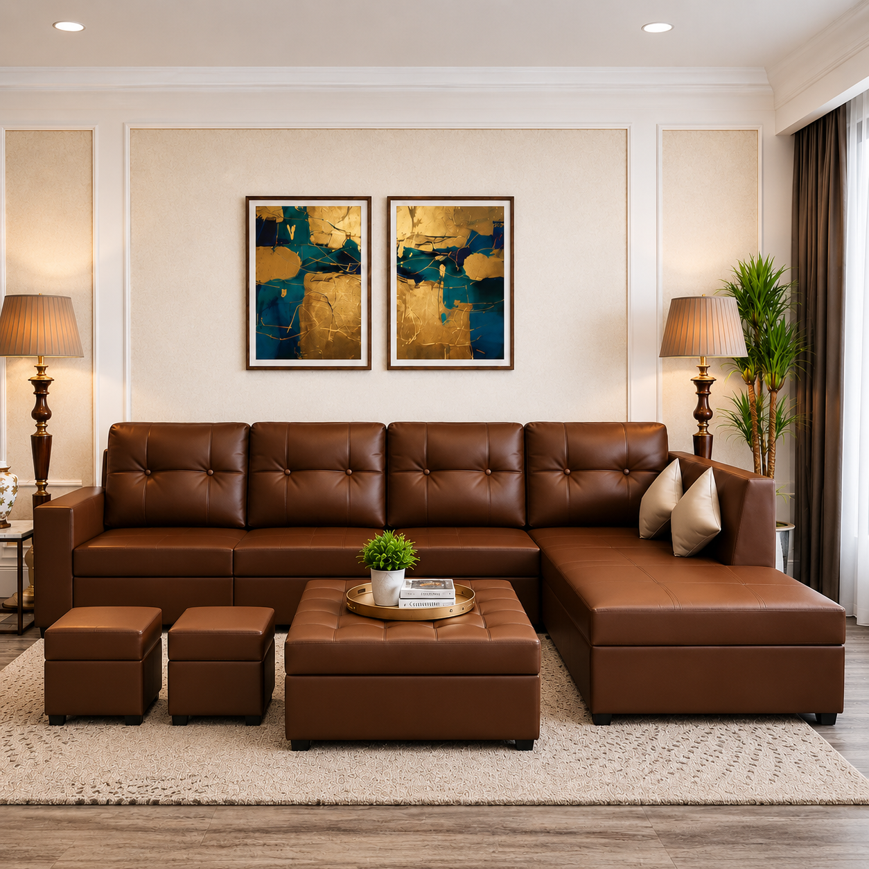 Austin 8 Seater L Shape Leatherette Sofa Set with Ottoman & Puffy – Luxury Modern Living Room Sofa