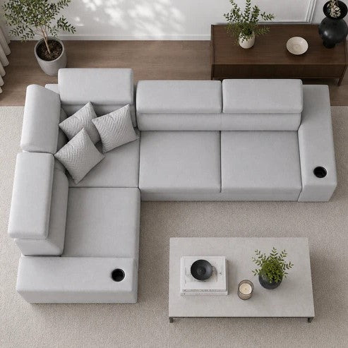 Sienna 5 Seater L Shape Fabric Sofa with Adjustable Headrests & Cup Holders | Modern Corner Sofa for Living Room