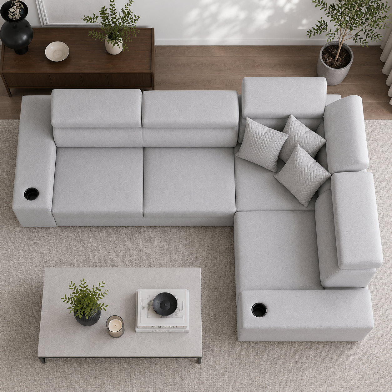 Sienna 5 Seater L Shape Fabric Sofa with Adjustable Headrests & Cup Holders | Modern Corner Sofa for Living Room