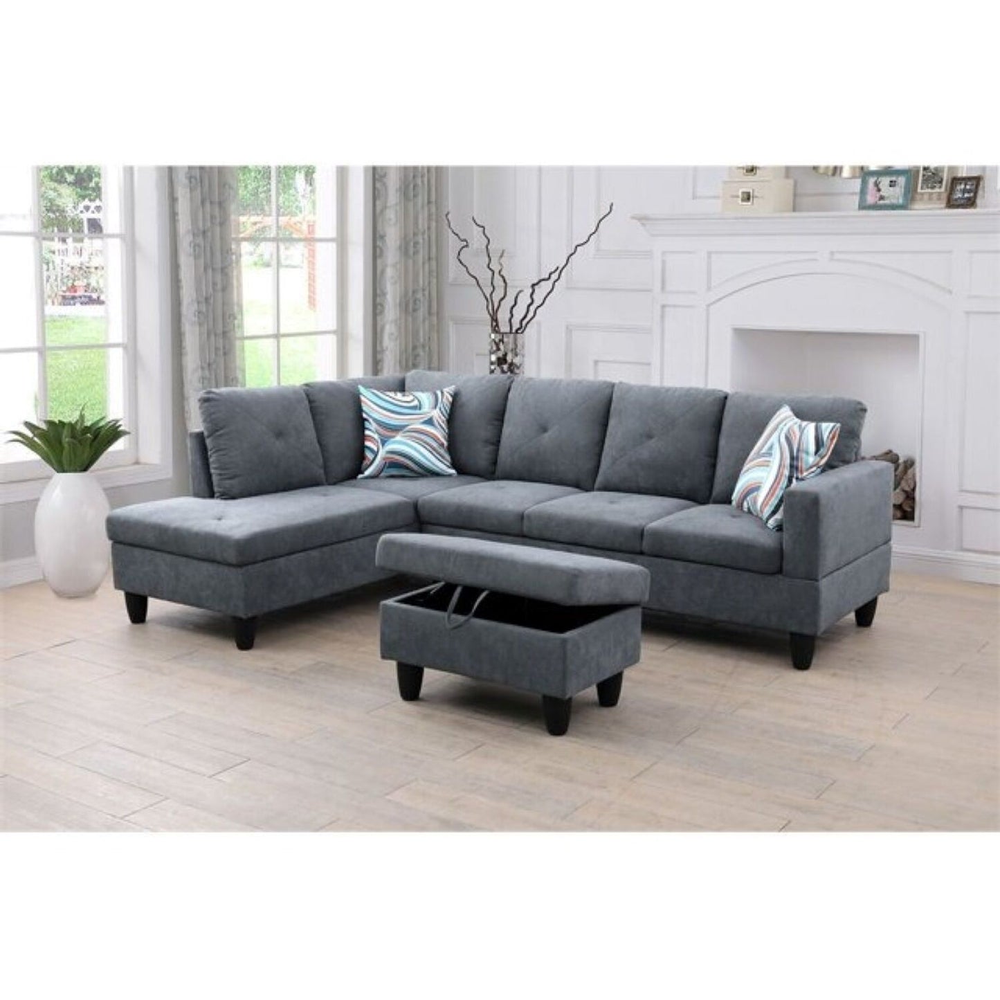 Christen 5 Seater L Shape Fabric Sofa Set with Storage Ottoman
