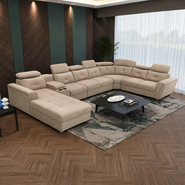 Arnold 8 Seater Sofa with Lounger and Cup Holder Beige | Corner Sofa Couch with Moveable Headrest | U Shape Sectional Sofa Set Living Room Office Home