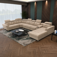 Arnold 8 Seater Sofa with Lounger and Cup Holder Beige | Corner Sofa Couch with Moveable Headrest | U Shape Sectional Sofa Set Living Room Office Home