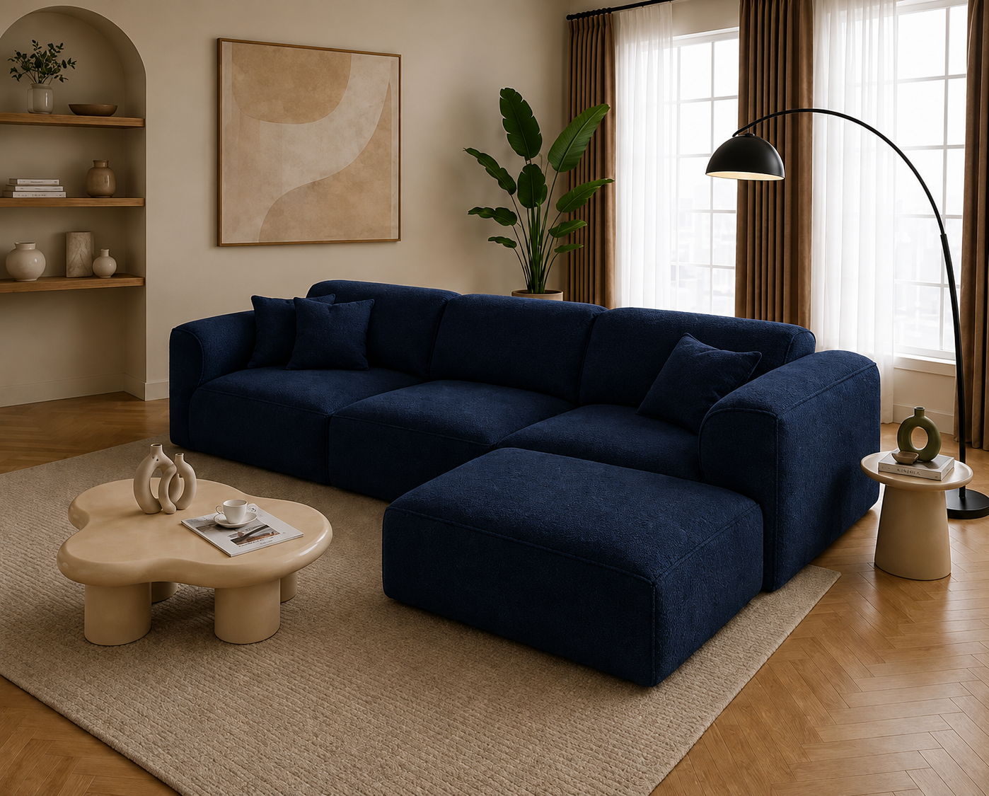 Modura 4 Seater Modern Curved Sectional Sofa with Ottoman  Cream L-Shaped Modular Couch
