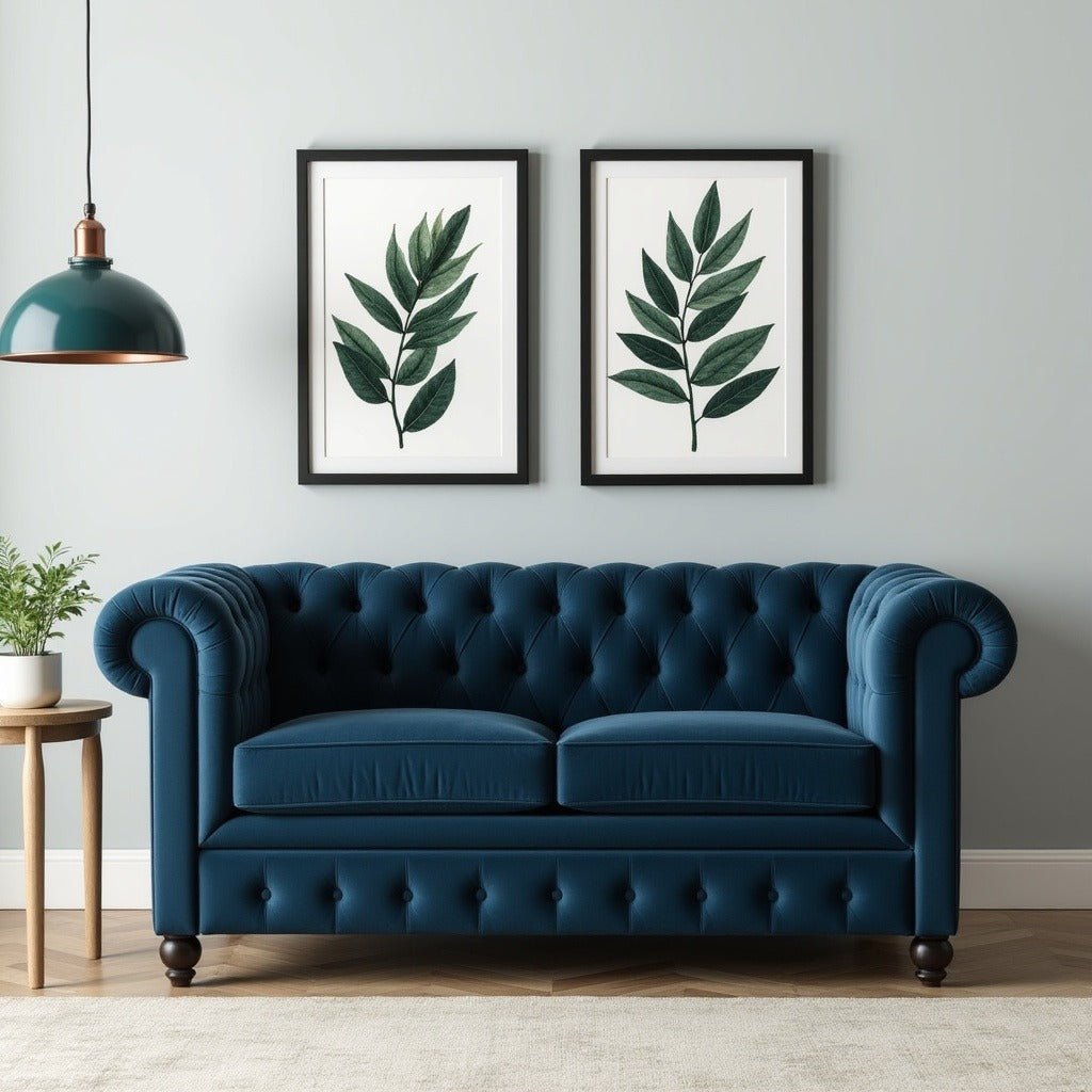 Cassava Solid Wood 2 Seater Fabric Chesterfield Sofa for Living Room - Blue - Torque India