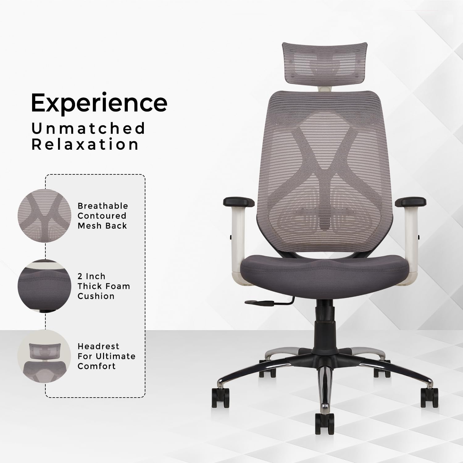 Criss Ergonomic Work from Home Office Chair with Adjustable Headrest, Armrest, and Height, Heavy Duty Metal Base, Spinal Highback (White & Grey) - Torque India