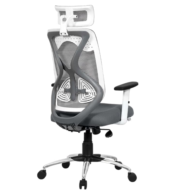 Criss Ergonomic Work from Home Office Chair with Adjustable Headrest, Armrest, and Height, Heavy Duty Metal Base, Spinal Highback (White & Grey) - Torque India