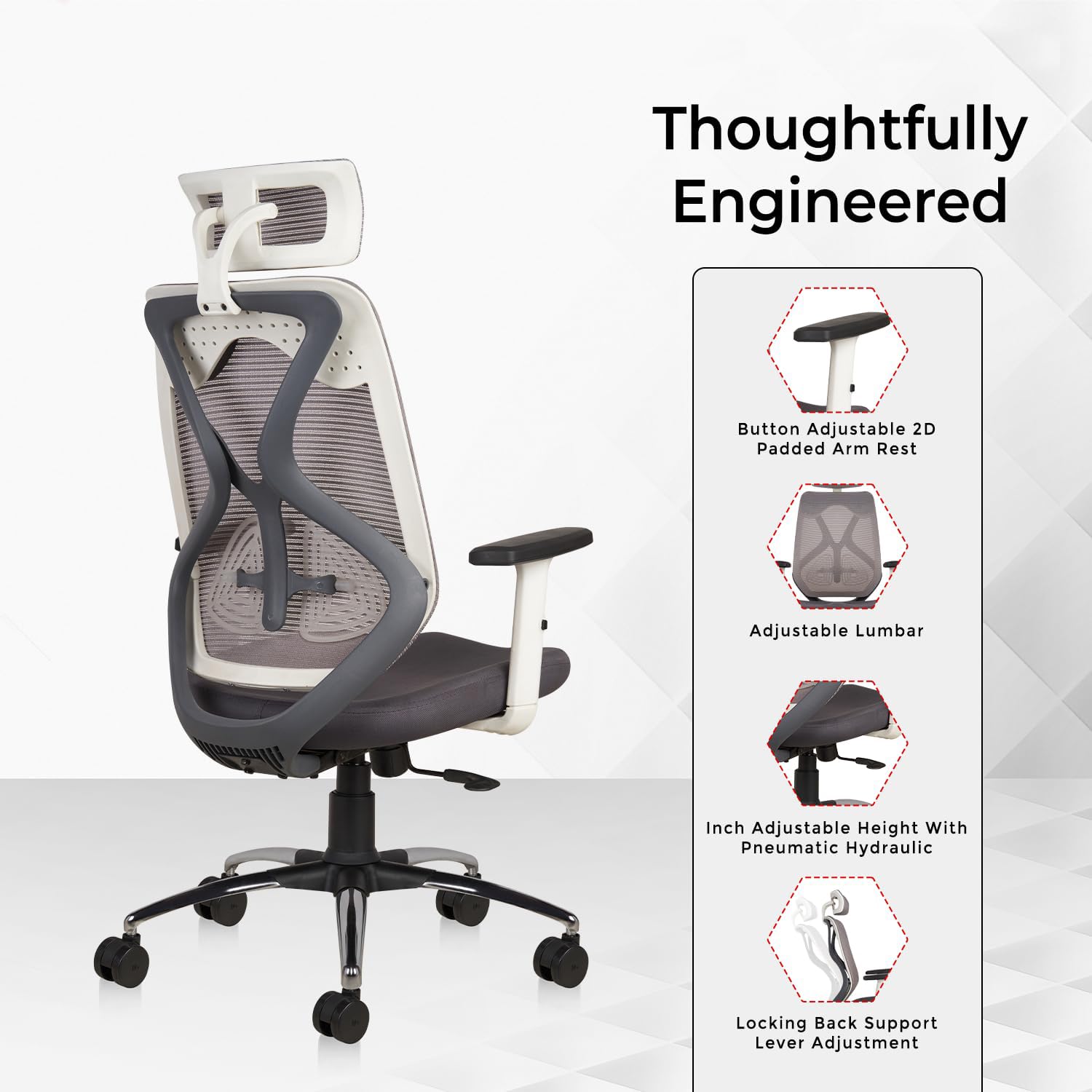 Criss Ergonomic Work from Home Office Chair with Adjustable Headrest, Armrest, and Height, Heavy Duty Metal Base, Spinal Highback (White & Grey) - Torque India