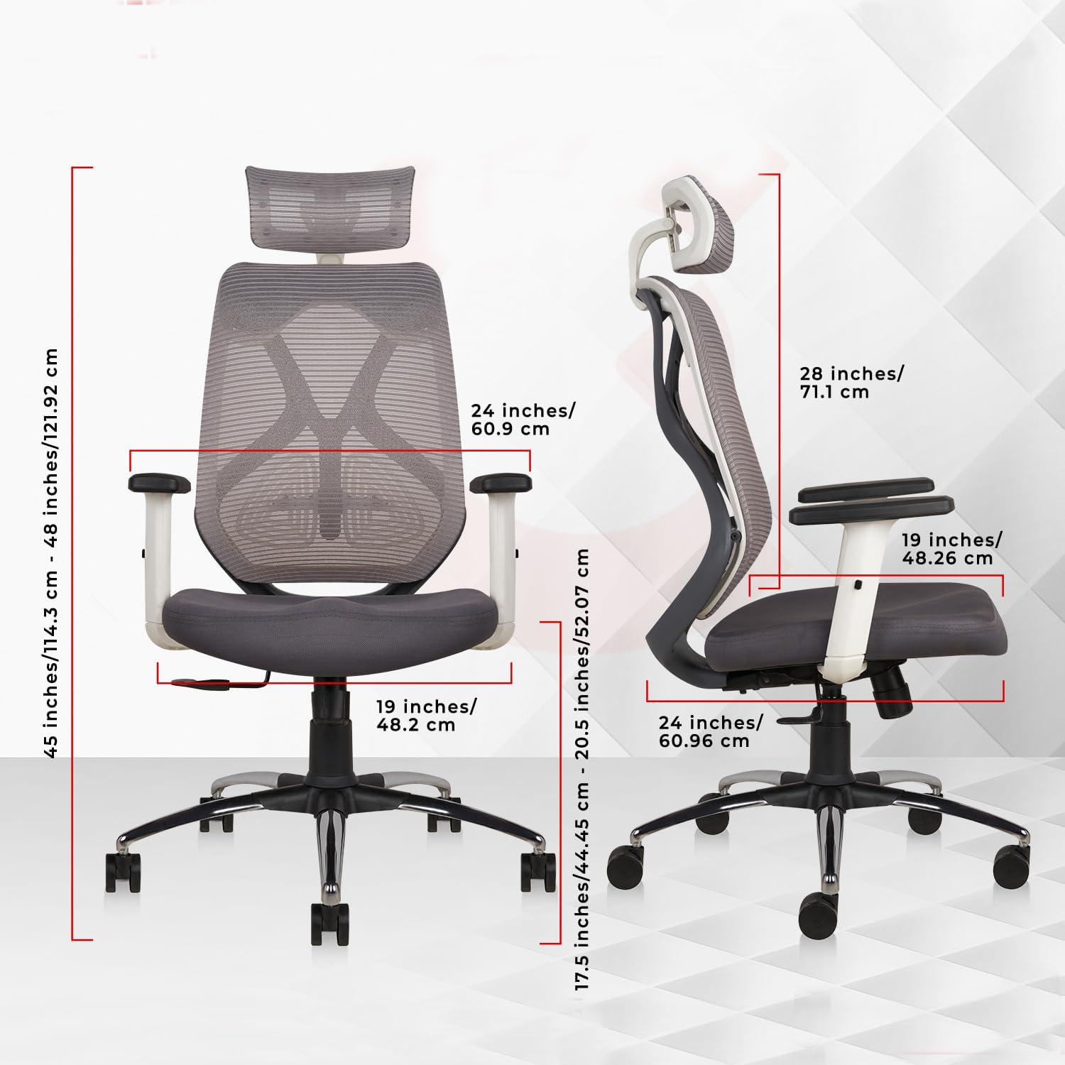 Criss Ergonomic Work from Home Office Chair with Adjustable Headrest, Armrest, and Height, Heavy Duty Metal Base, Spinal Highback (White & Grey) - Torque India