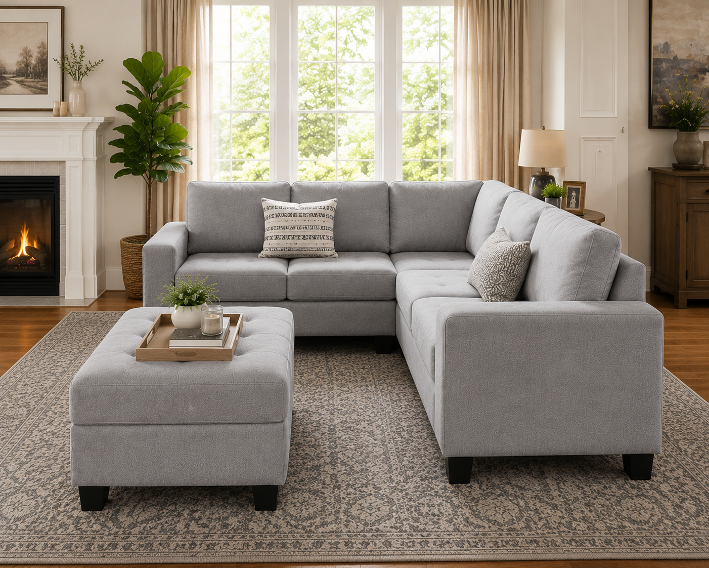Christopher 5 Seater L Shape Fabric Sofa with Ottoman | Torque India Premium Corner Sofa