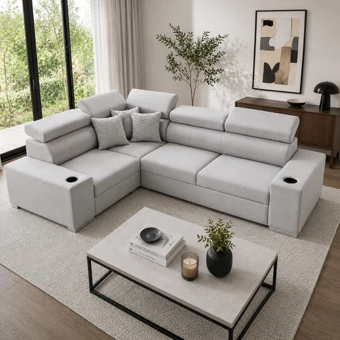 Sienna 5 Seater L Shape Fabric Sofa with Adjustable Headrests & Cup Holders | Modern Corner Sofa for Living Room