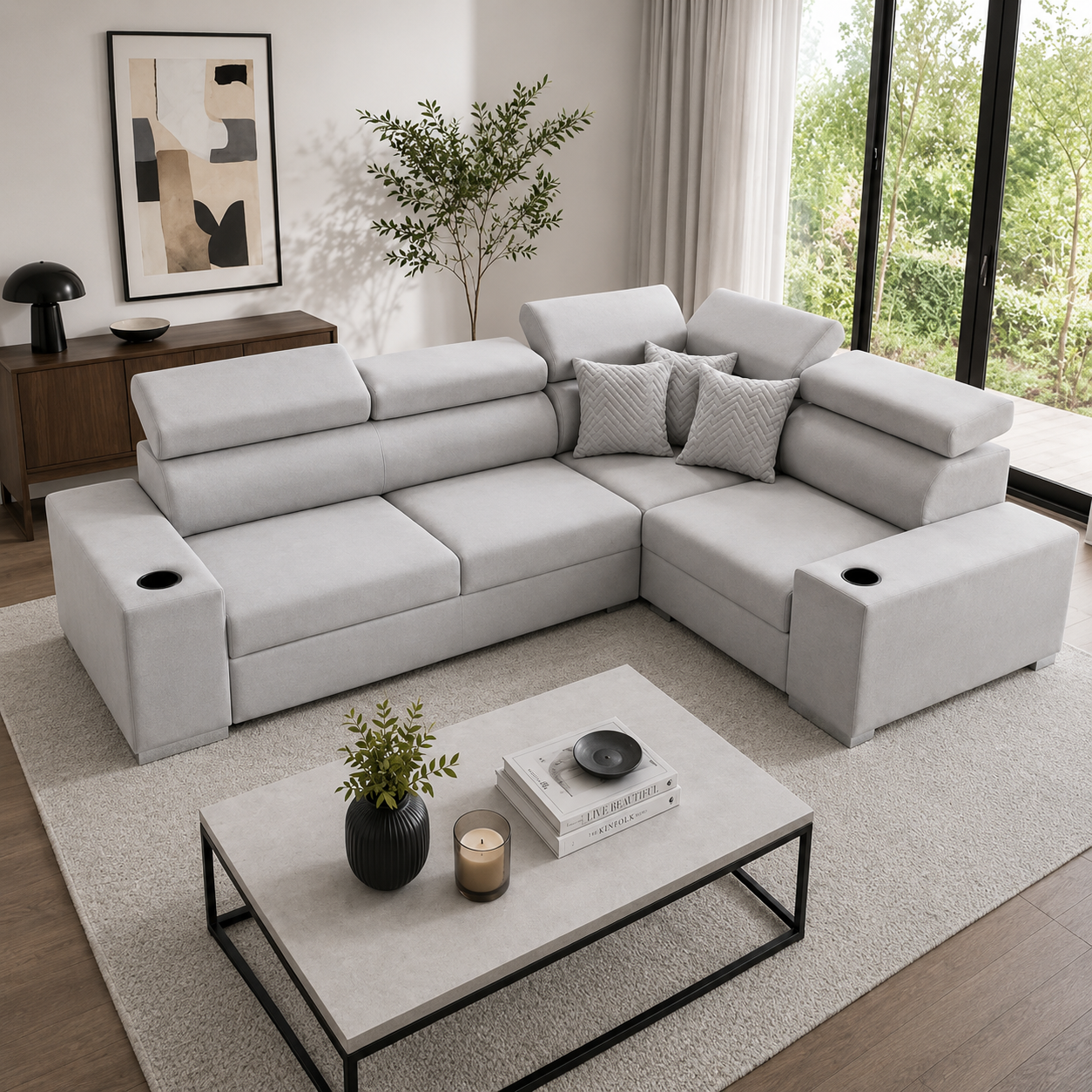 Sienna 5 Seater L Shape Fabric Sofa with Adjustable Headrests & Cup Holders | Modern Corner Sofa for Living Room