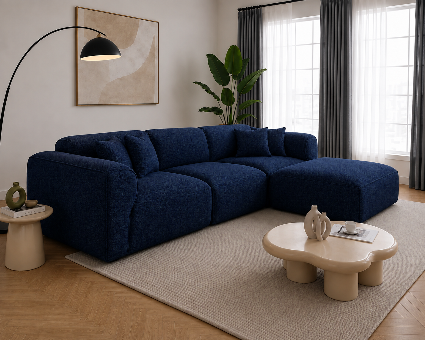 Modura 4 Seater Modern Curved Sectional Sofa with Ottoman  Cream L-Shaped Modular Couch