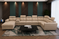 Arnold 8 Seater Sofa with Lounger and Cup Holder Beige | Corner Sofa Couch with Moveable Headrest | U Shape Sectional Sofa Set Living Room Office Home
