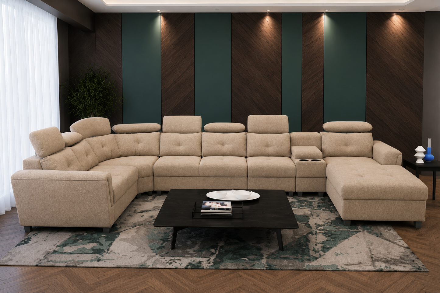 Arnold 8 Seater Sofa with Lounger and Cup Holder Beige | Corner Sofa Couch with Moveable Headrest | U Shape Sectional Sofa Set Living Room Office Home