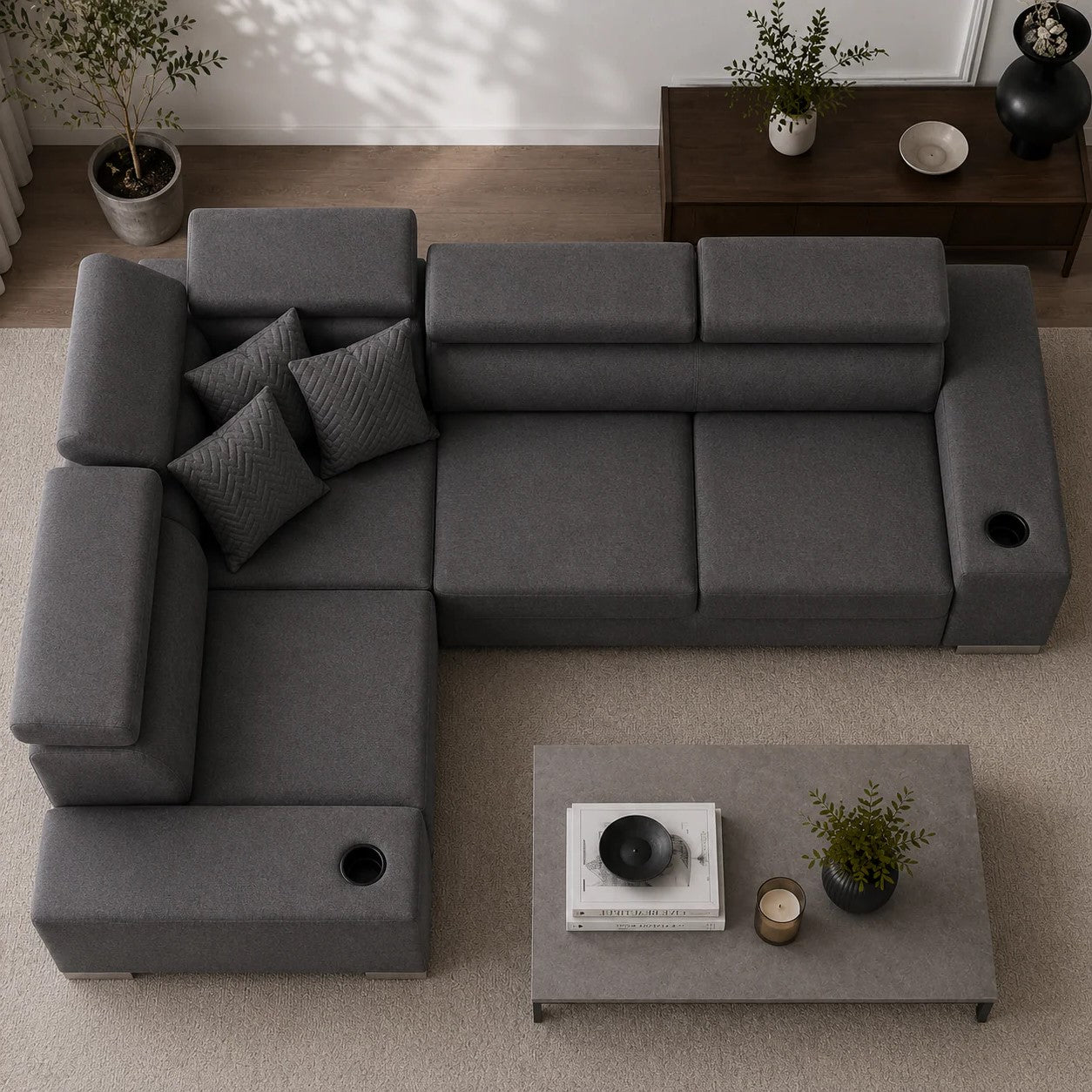 Sienna 5 Seater L Shape Fabric Sofa with Adjustable Headrests & Cup Holders | Modern Corner Sofa for Living Room