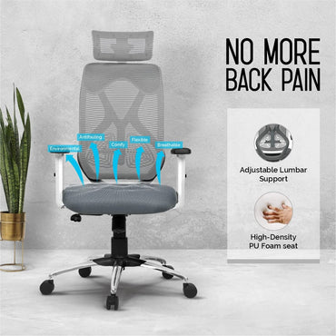 Felix High Back Executive Office Chair with Swivel Function, Multi - Locking Mechanism, Adjustable Headrest, Armrests, Height, and Lumbar Support - Grey - Torque India