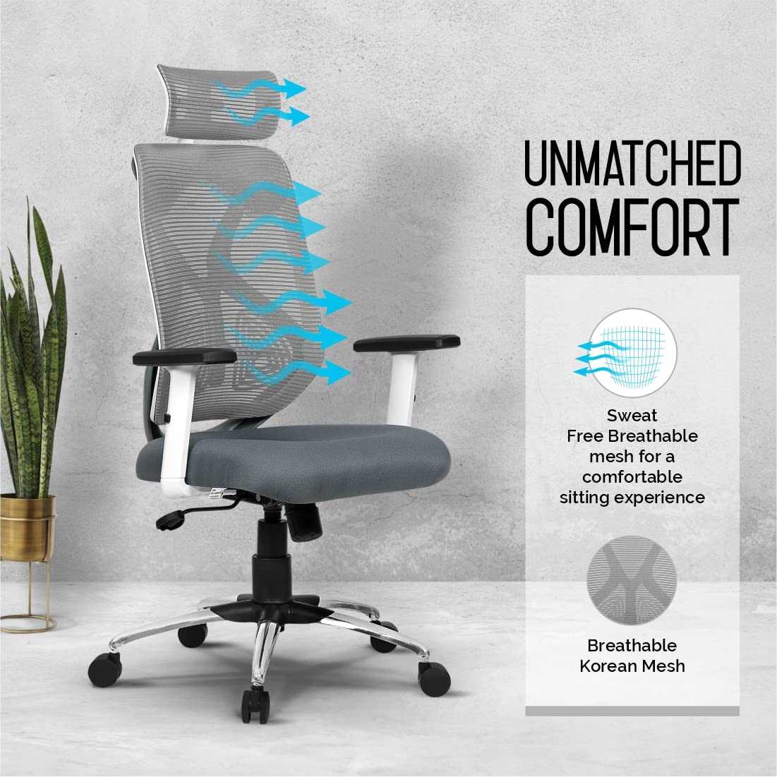 Felix High Back Executive Office Chair with Swivel Function, Multi-Locking Mechanism, Adjustable Headrest, Armrests, Height, and Lumbar Support Grey