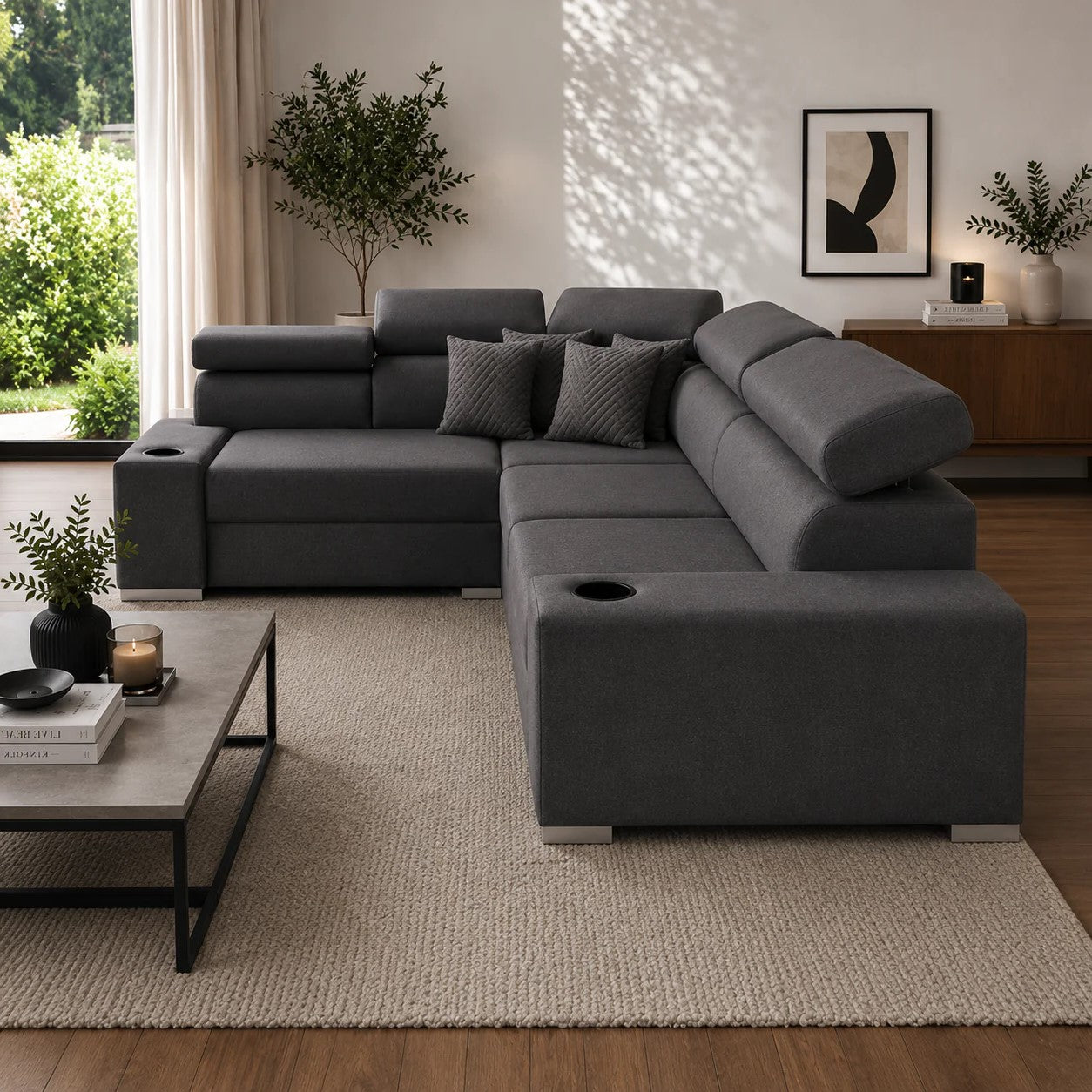 Sienna 5 Seater L Shape Fabric Sofa with Adjustable Headrests & Cup Holders | Modern Corner Sofa for Living Room