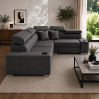 Sienna 5 Seater L Shape Fabric Sofa with Adjustable Headrests & Cup Holders | Modern Corner Sofa for Living Room