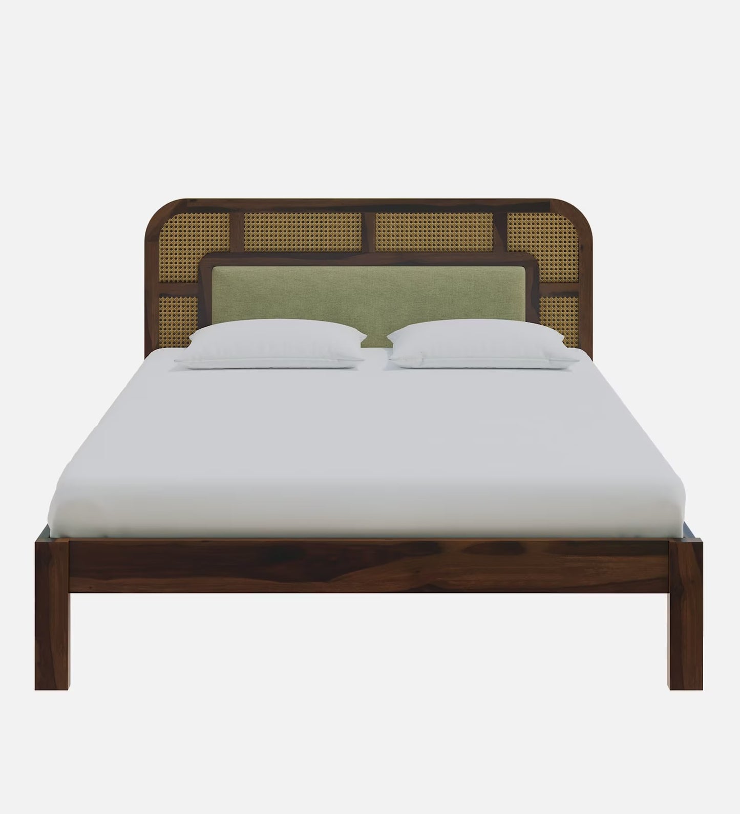 Interio Modern Wooden Platform Bed with Rattan Headboard – Solid Wood Frame, Minimalist Bedroom Furniture (King Size)