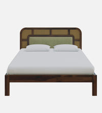 Interio Modern Wooden Platform Bed with Rattan Headboard – Solid Wood Frame, Minimalist Bedroom Furniture (King Size)